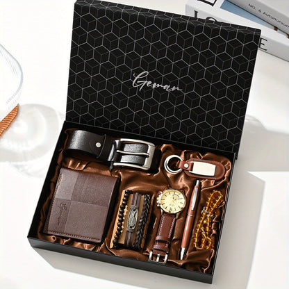 7pcs/set-Men's PU Leather Business Casual Watch Set (wallet + Belt + Keychain + Bracelet + Watch + Pen + Rosary), Minimalist Quartz Watch Set, Exquisite Watch Gift Box, Valentine's Day Gift Box.