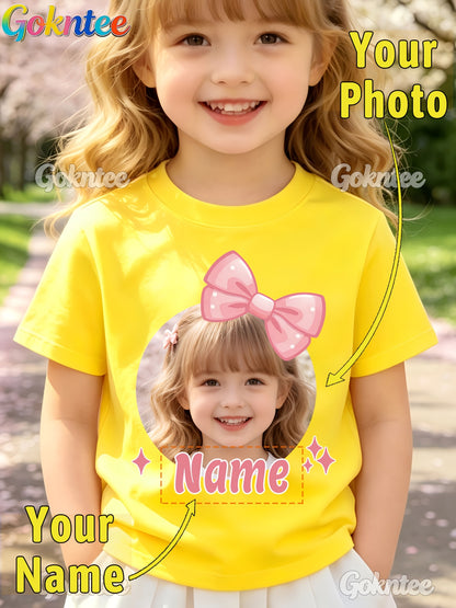 Girls' Personalized Cartoon T-Shirt with Pink Bow, Crew Neck