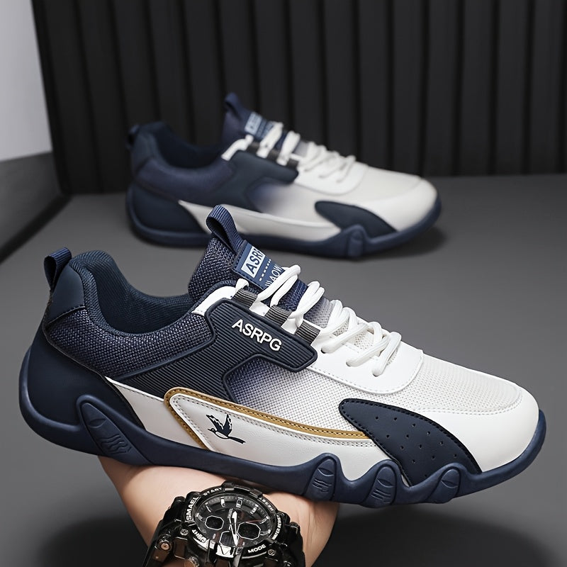 Men's Breathable Low-Top Casual Sneakers - Sporty Lace-Up Walking Shoes with Navy/White/Golden Accents, All-Season Outdoor  Everyday Comfort, Durable Fabric Upper  PVC Sole, Comfortable Footwear, Sleek Shoe Design, Lightwei