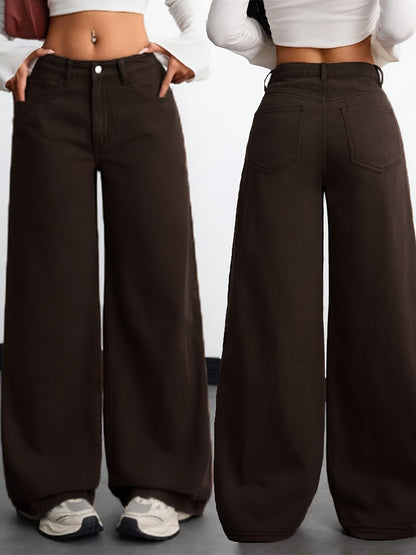 Women's High-Waist Wide-Leg Faux Denim Pants – Stretchy Elegant Style