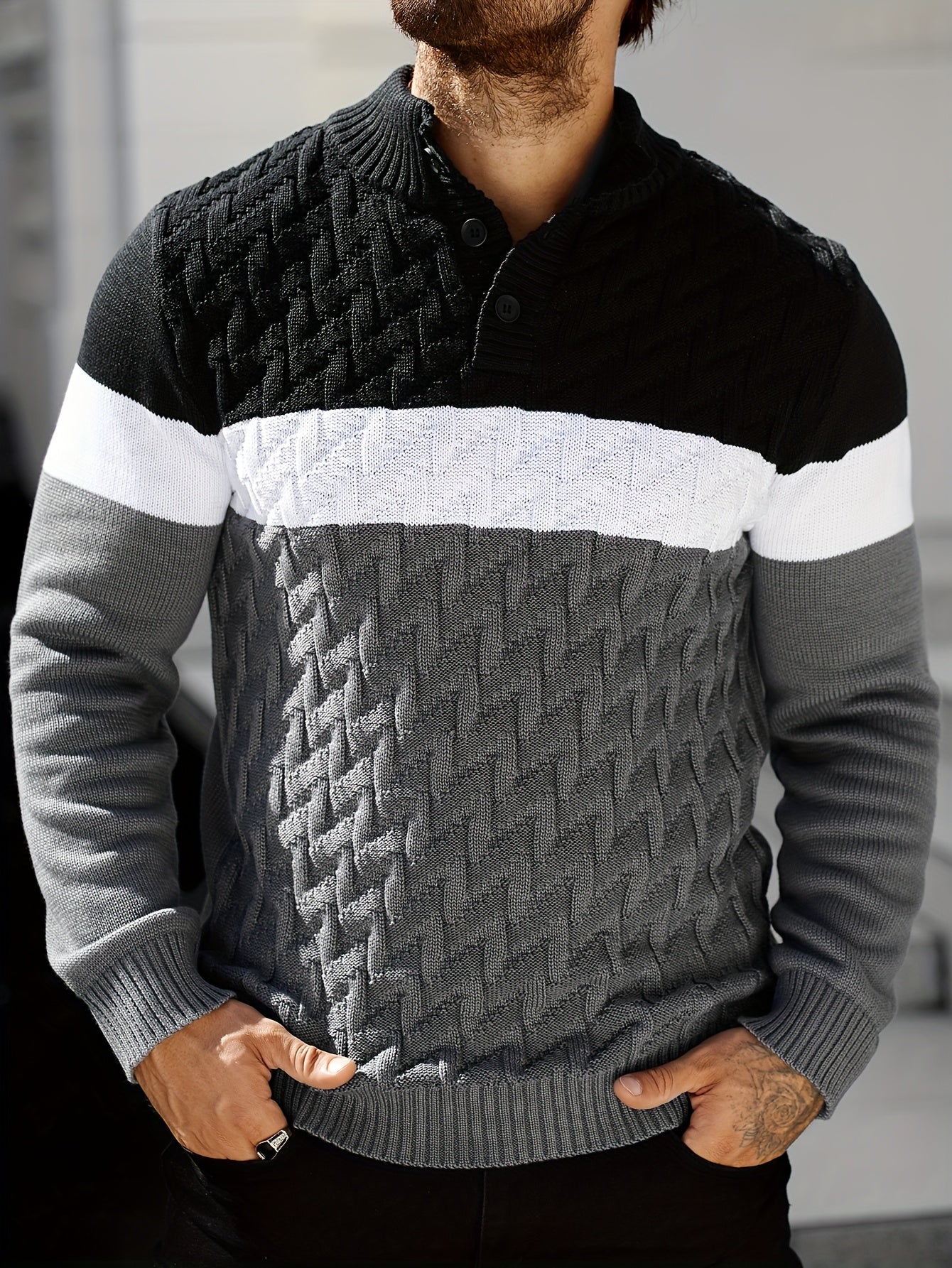 Men'S Stand Collar Pullover | Casual Fashion Quarter Button Stitching Knitwear with Geometric Pattern, Long Sleeve, Regular Fit for Fall/Winter - ayq