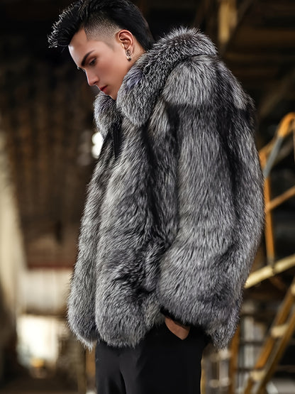 Men'S Faux Fur Coat with Imitation Fur Lining, Square Neck Zipper Short Winter Windproof Warm Loose Casual Jacket for Young Style