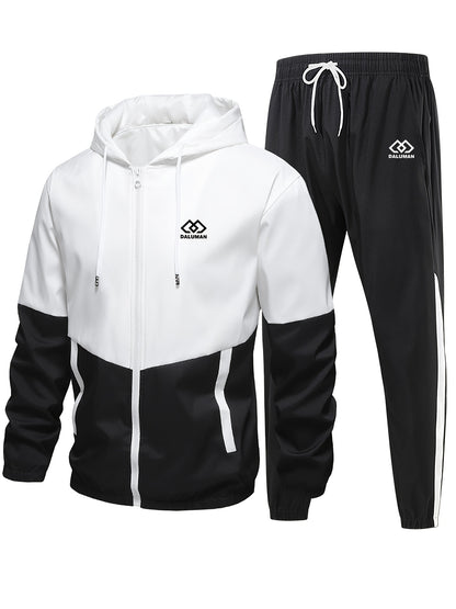 Men's Spring-Fall Patchwork Athletic Hooded Jogger Set
