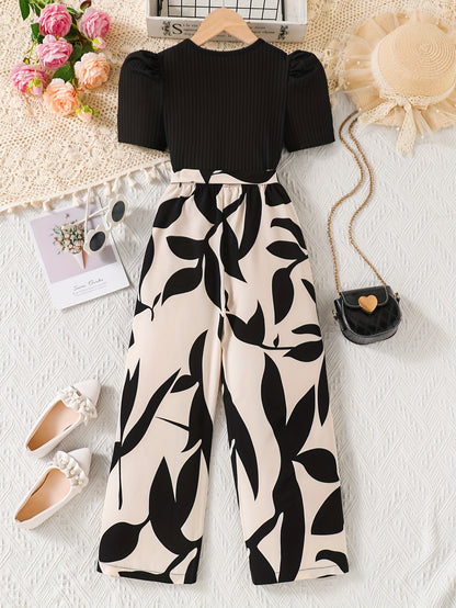 Girls' Summer Floral Top and Wide-Leg Pants Set with Waist Tie