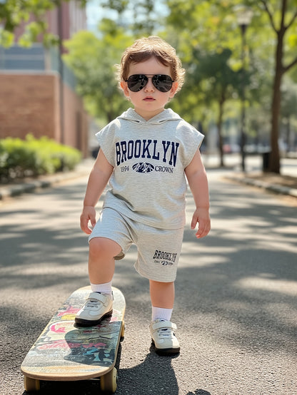Baby Boys Sleeveless Knitted Hooded Top with Casual Shorts
