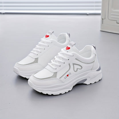2025 Women's White  Black Casual Running Shoes with Red Heart Accent - Breathable Mesh  Synthetic Cover Low-Top Sneakers, Round Toe Design, TPU Sole for Gym, Walking, Outdoor Activities, Stylish Fitness Footwear