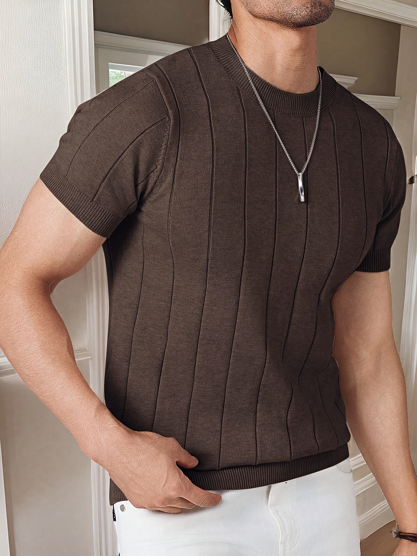 New Summer Short-Sleeve Knitted Men's Light Luxury Crew Neck Slim Fit Business Cool Y T-Shirt, Lightweight, Breathable, Versatile, Stretchy, Slim Fit Top for Men - ayq