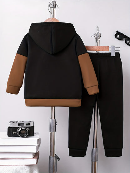 2pcs Boys' Autumn/Winter Fleece-Lined Hooded Zip-Up Jacket and Pants Set with Bird Print, Simple Color Block Design with Pockets, Fashionable Sporty Outfit for Outdoor Activities and Daily Wear, 100% Polyester Knit Stretch Fa