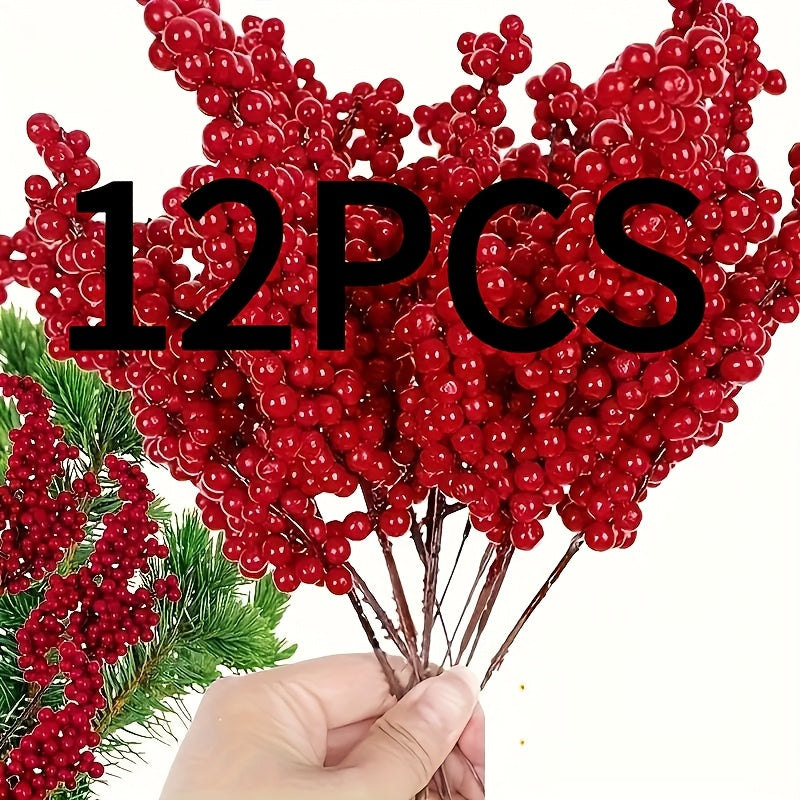 12 Pack Festive Red Artificial Berry Branches, 8.66ft/22cm, Christmas Tree Picks, DIY Crafts, Wedding & Home Decorations, Holiday Party Supplies