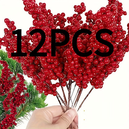 12 Pack Festive Red Artificial Berry Branches, 8.66ft/22cm, Christmas Tree Picks, DIY Crafts, Wedding & Home Decorations, Holiday Party Supplies