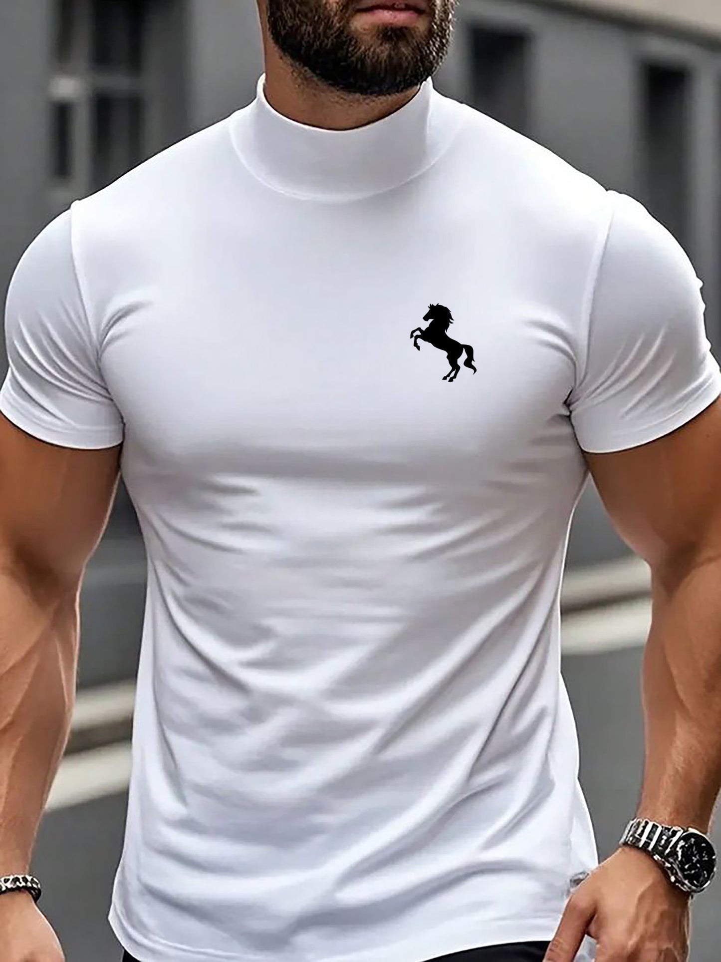 Men'S Casual High Neck Short Sleeve T-Shirt | Fashionable Easy Creative Horse Pattern for Fitness and Running, Medium Stretch Fabric, All-Season Wear - ayq