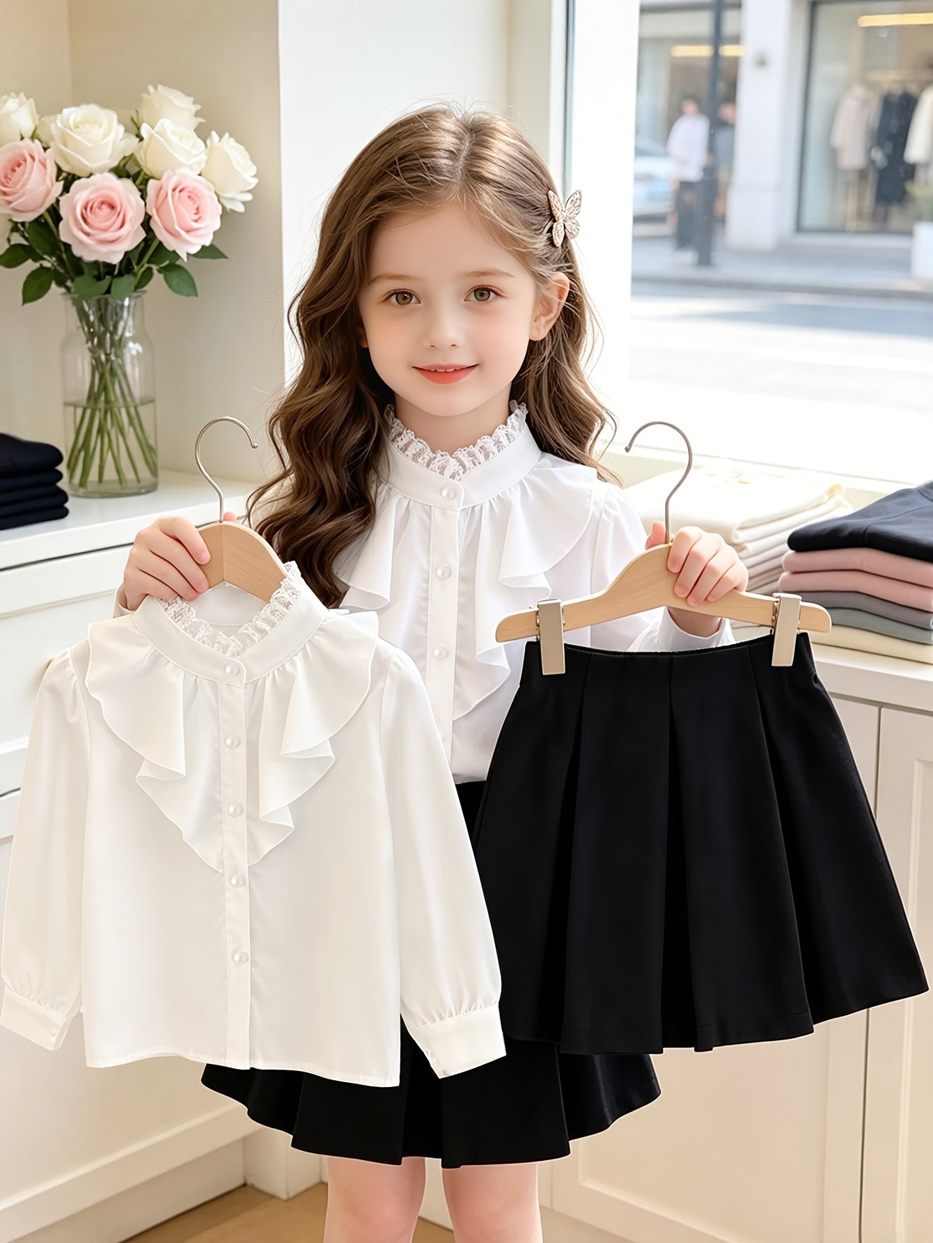 Girls' Autumn Skirt Set - Elegant Button Blouse & Pleated Skirt