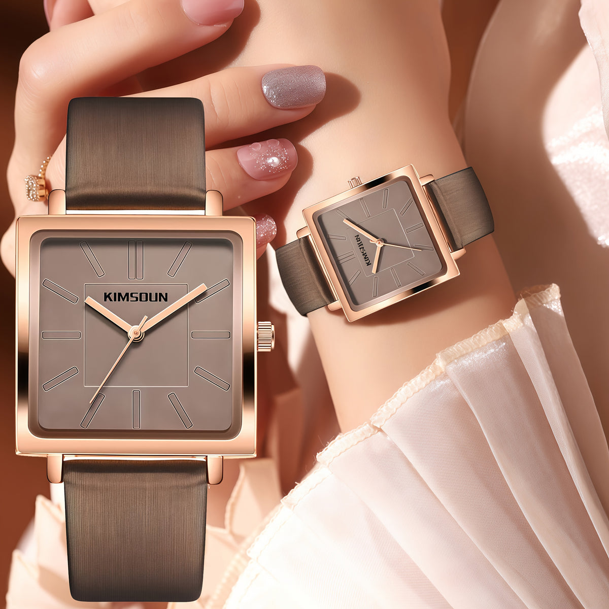 Women's Quartz Watch with Calfskin Strap and Minimalist Square Case