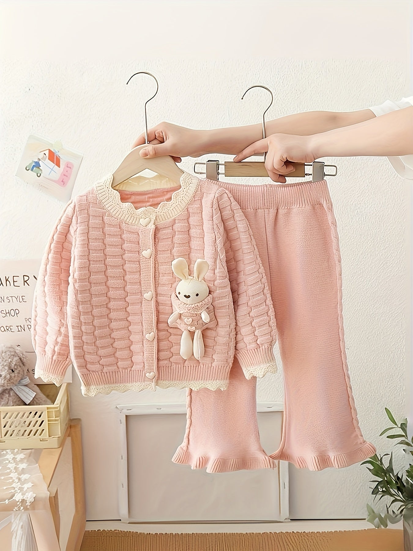 Girls' Fashion Casual Blend Knitted Set for Girls 3, Round Neck, Long Sleeves, Button Closure, Bunny Embellished Pink Sweater Pants Two-Piece Set, Elegant And Sweet, Suitable for Outdoor Activities, As a Gift for Kids