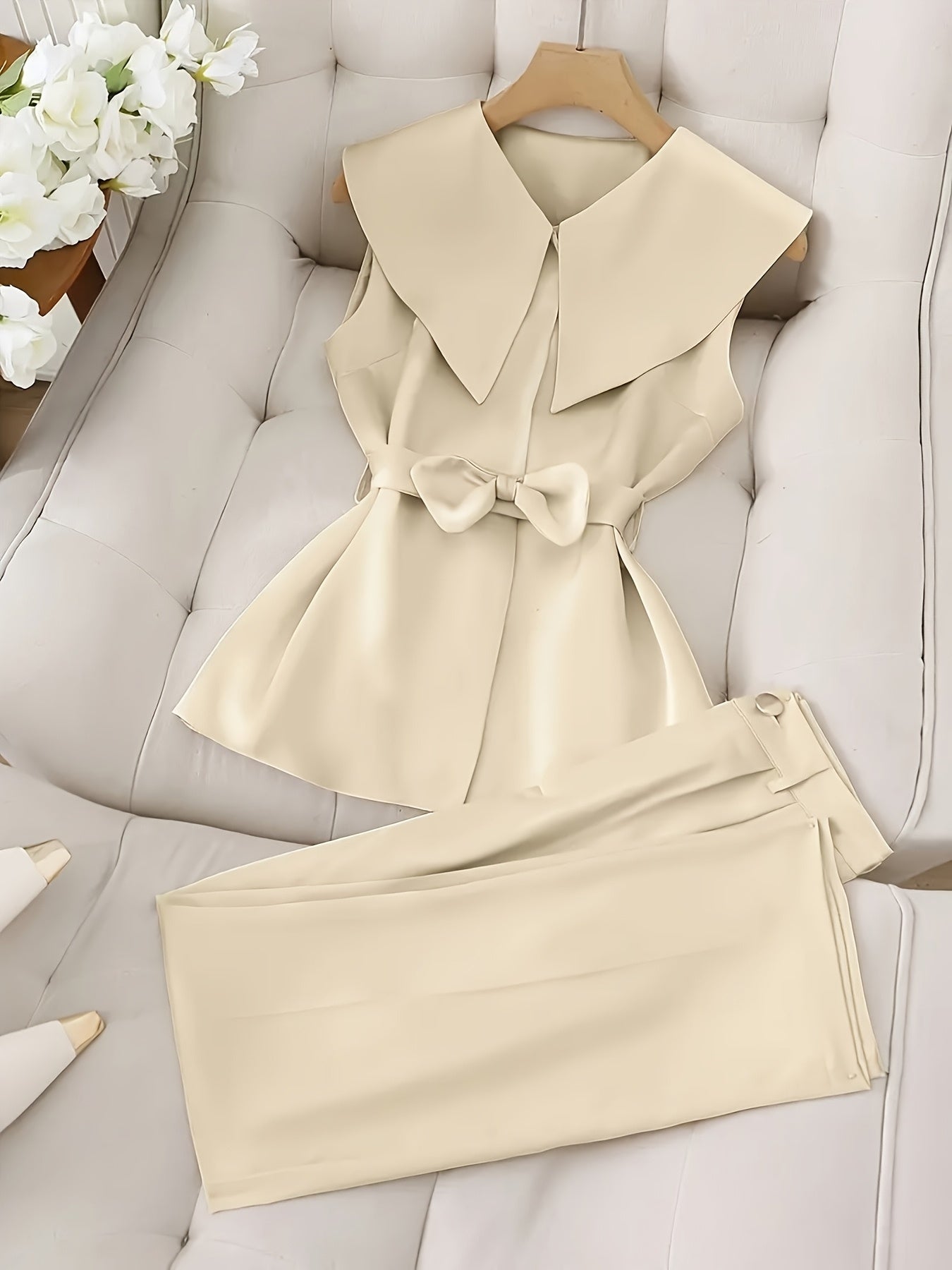 2pcs Elegant Polyester Pantsuit Set, Waterfall Collar, Solid Color Sleeveless Top and Pants, Polyester and Spandex Blend, with Bow Details, Spring and Summer Style - Nian Nian