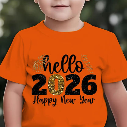 Boys' 2026 New Year'S Eve Party T-Shirt - Hello 2026 Happy New Year Fireworks Print with Golden & Lettering - Lightweight Summer Tee for Birthday Party Outfit, New Year'S Eve Celebration - Easy-care Kids Shirt, New Year T Shi