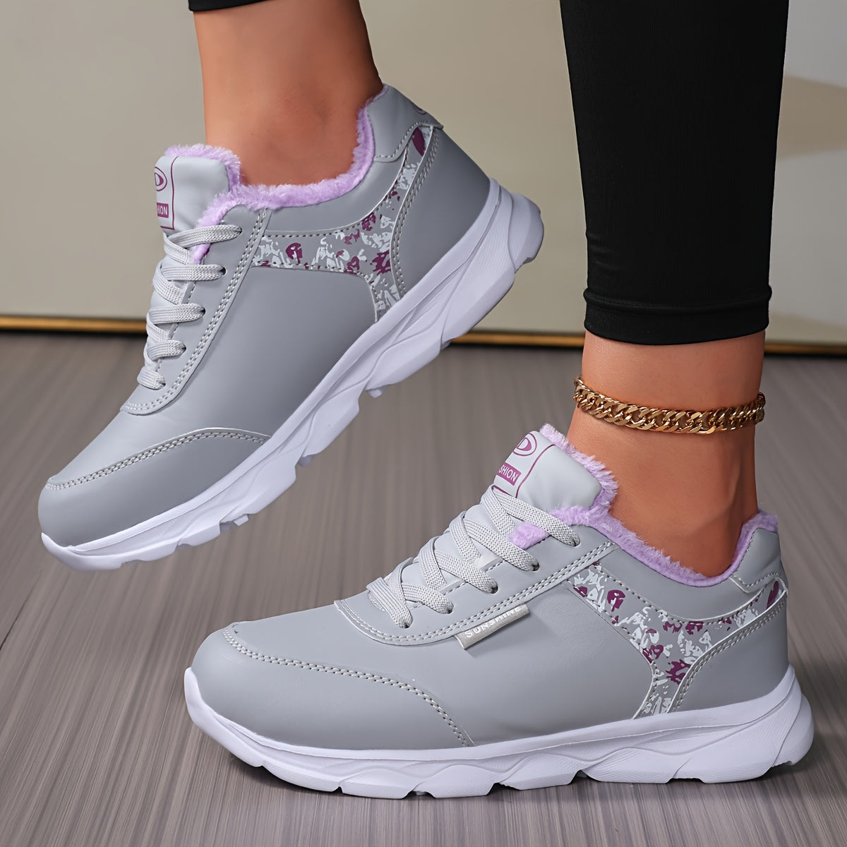 Women's Winter Thermal Fleece-Like Short Boots - Grey & Pink Synthetic Upper, Sole Traction, Lace-Up Low-Top Snow Shoes for Ice Walking, Casual & - Warm Cold Weather Outdoor Footwear