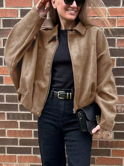 Women'S Vintage Bomber Jacket - Loose Fit Long Sleeve Zip-Up with Drop Shoulder Design, Brown Casual Outerwear for Fall/Winter, Non-Stretch Fabric, Perfect for Casual Attire, Autumn Winter Jacket | Vintage Bomber Style | Zipp