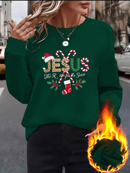 Women's Fleece-Lined Round Neck Pullover Sweatshirt - "JESUS" Christmas Print, Comfortable Loose Fit for All Seasons, Festive Holiday Design Casual Top