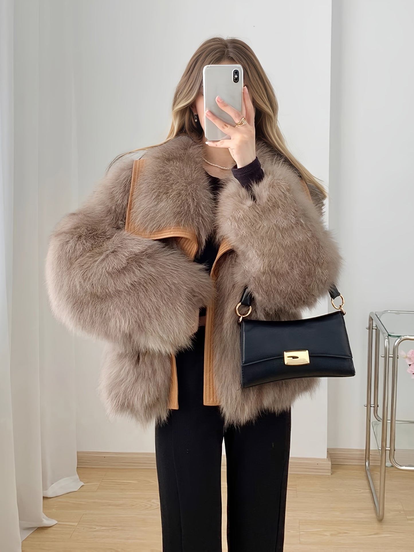 Women'S Elegant Fox Fur-like Plush Jacket - Winter Coat with Large Lapel Collar, Thick Warm Outerwear, Loose Fit H-Silhouette, No Belt Needed, for Everyday & Formal Events - Luxury Cold Weather Jacket, Ladies Winter Coats, Se