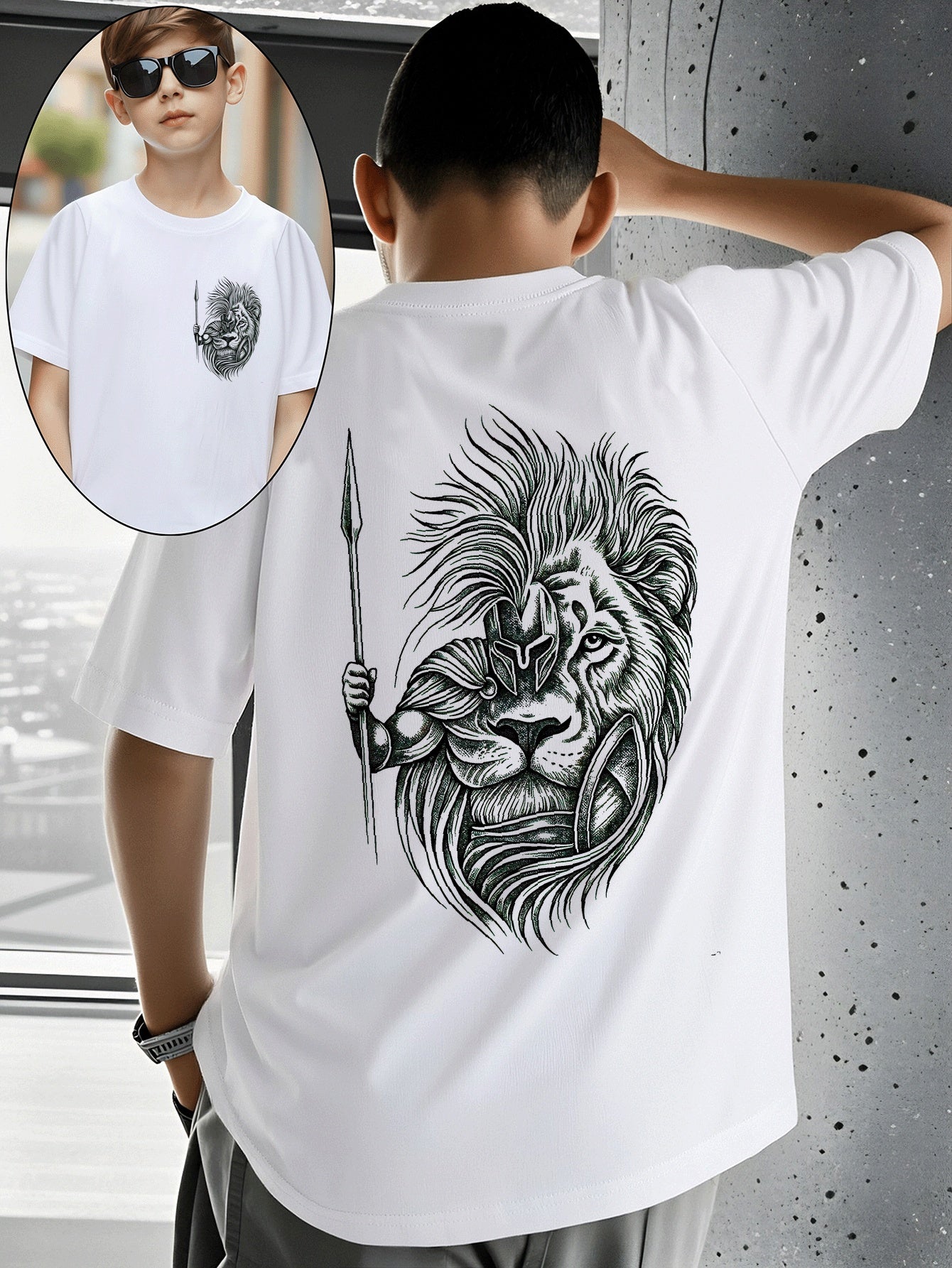 Boys' Cotton T-Shirt with Lion Warrior Print - Casual Summer Top