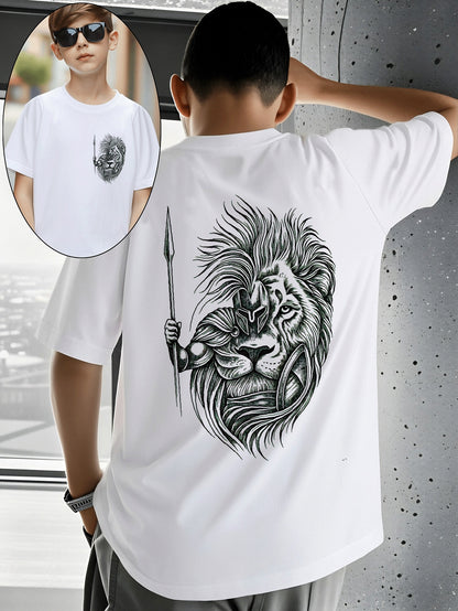 Boys' Cotton T-Shirt with Lion Warrior Print - Casual Summer Top
