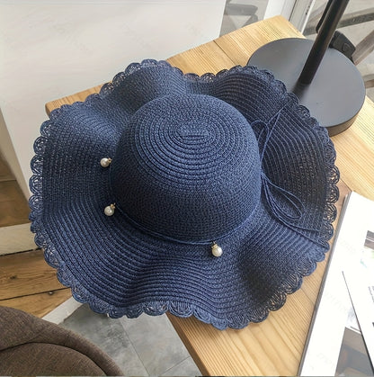 Women's Wide Brim Straw Sun Hat with Accents & Adjustable Ribbon - Protection Lace Trim Beach Wedding Casual Outdoor Hat for All Seasons