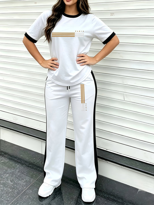 Women's Color-Block Casual Two-Piece Set with Wide-Leg Pants - ayq