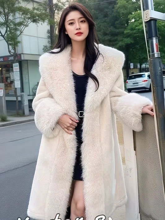 Elegant Women's Winter Coat with Luxurious Faux Fur Lining - Plus Size Longline H-Silhouette Coat, Large Lapel Collar & Solid Color Design, 100% Polyester for Casual & Formal Outfits
