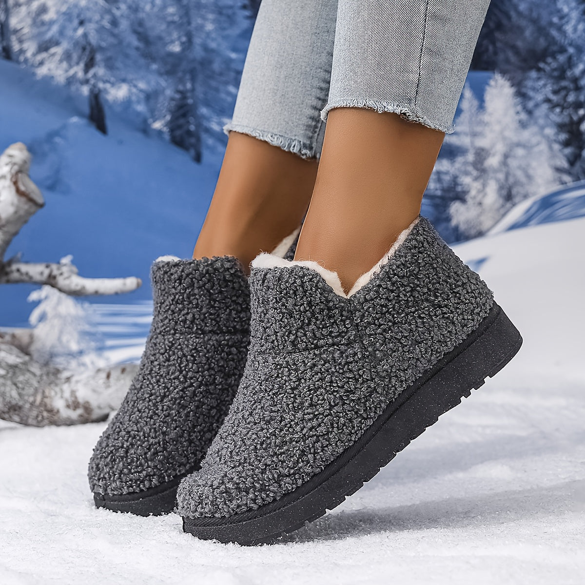 Women'S Plush Winter Slip-On Ankle Boots - Soft Fleece-Lined Low Heel Casual Shoes, Lightweight & Durable, Perfect for Y Days, Winter Footwear | Slipon Boots | Synthetic Cover Sole