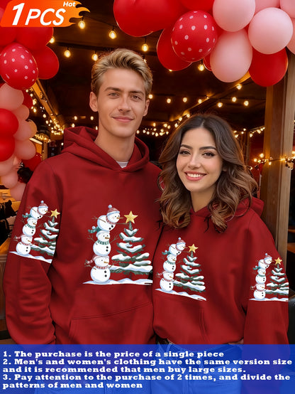 1pc Couple Matching Snowman Christmas Tree Print Oversized Hooded Sweatshirt, New Arrival Valentine'S Day Outfit, Casual Elegant Stretchy Fiber Fabric, Fleece Lined Soft Warm Long Sleeve Top For Sports, Travel & All-season We