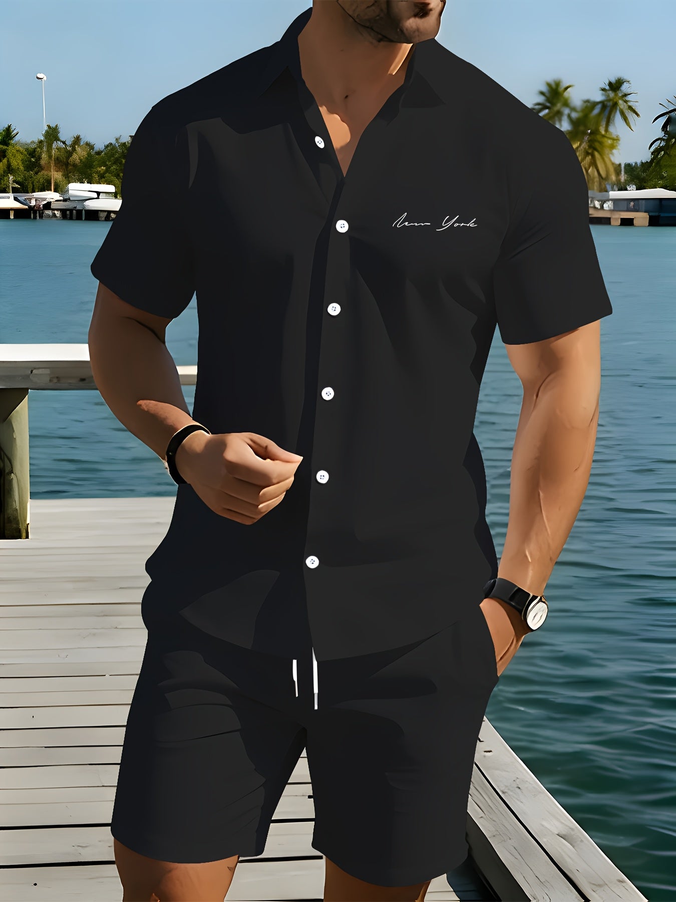 Men's Summer Short-Sleeve Shirt and Shorts Set - Casual Polyester