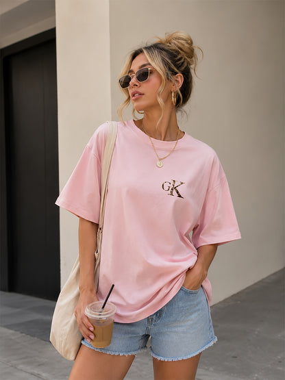 Women's Loose Fit Cotton T-Shirt with GK Letter Print