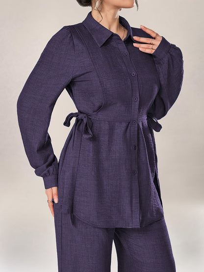 Stylish and Elegant Casual Two-Piece Women's Outfit with Side Tie Single-Breasted Shirt and Wide-Leg Pants for Office Wear