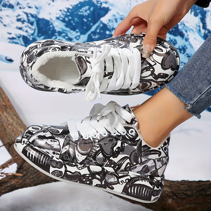 Women'S Fleece-Lined Winter Boots - Comfortable Lace-Up Thick Soles, Round Toe, Available in White, Black, And Lace Detailing - Ideal for Cozy Wear in Cold Weather, Snow Boots.