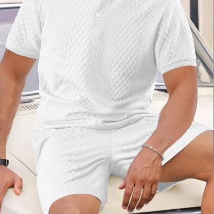 2pcs Set, Men's Casual Suit, Jacquard Fabric, Round Neck Short Sleeves with Buttons, Jacquard Shorts with Drawstring - ayq