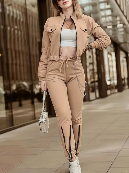 Cross-Border Women'S Two-Piece Set with Zip Long-Sleeve Top And Pants Featuring a Patchwork Zip Design, Casual Outfit