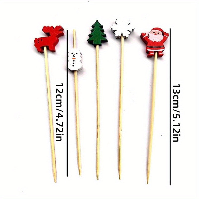 100pcs Festive Christmas Fruit Skewers with Santa, Reindeer, Snowflake & Tree Designs - Disposable Bamboo Picks for Parties, Desserts, Cocktails & Hamburgers, Christmas Dessert Decorations, Durable Fruit Skewers