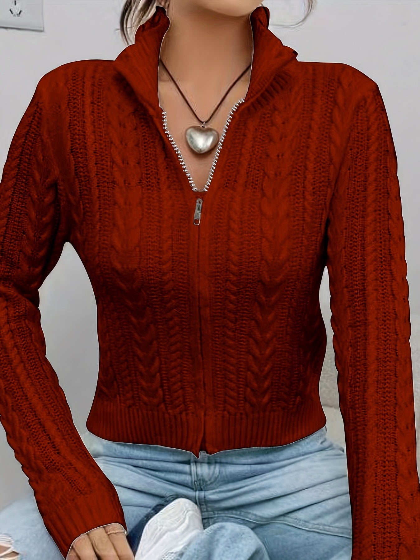 Women's Elegant Zip-Up Cable Cardigan with Stand Collar - Machine Washable Spring/Fall Jacket, White Solid Color, Braided Design & Zipper Front for Casual or Dressy Outfits, Cardigan Sweater, Autumn Layering Piece, Spring Out