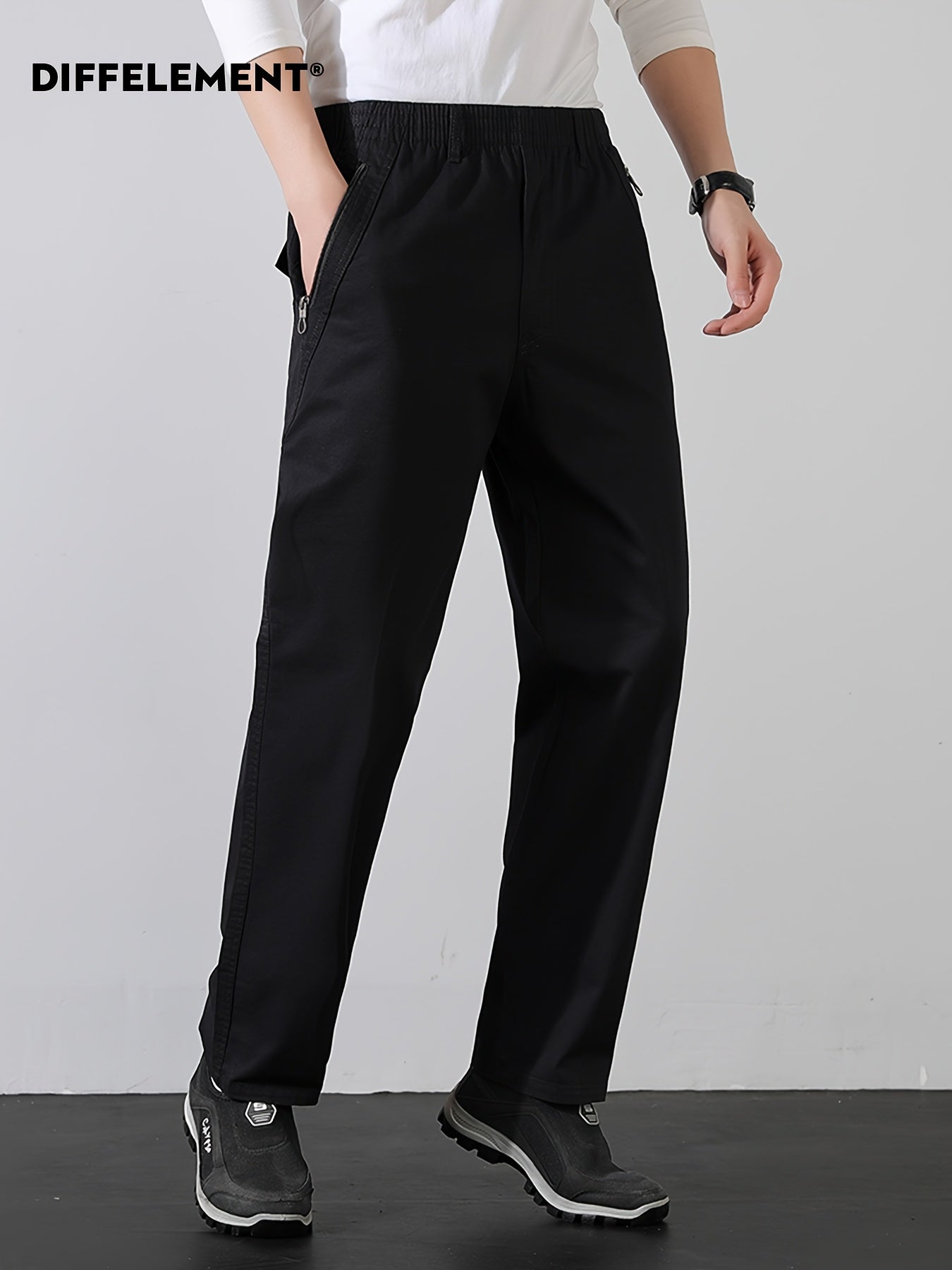 Men's Cotton Casual Trousers with Elastic Waist and Zipper Pockets