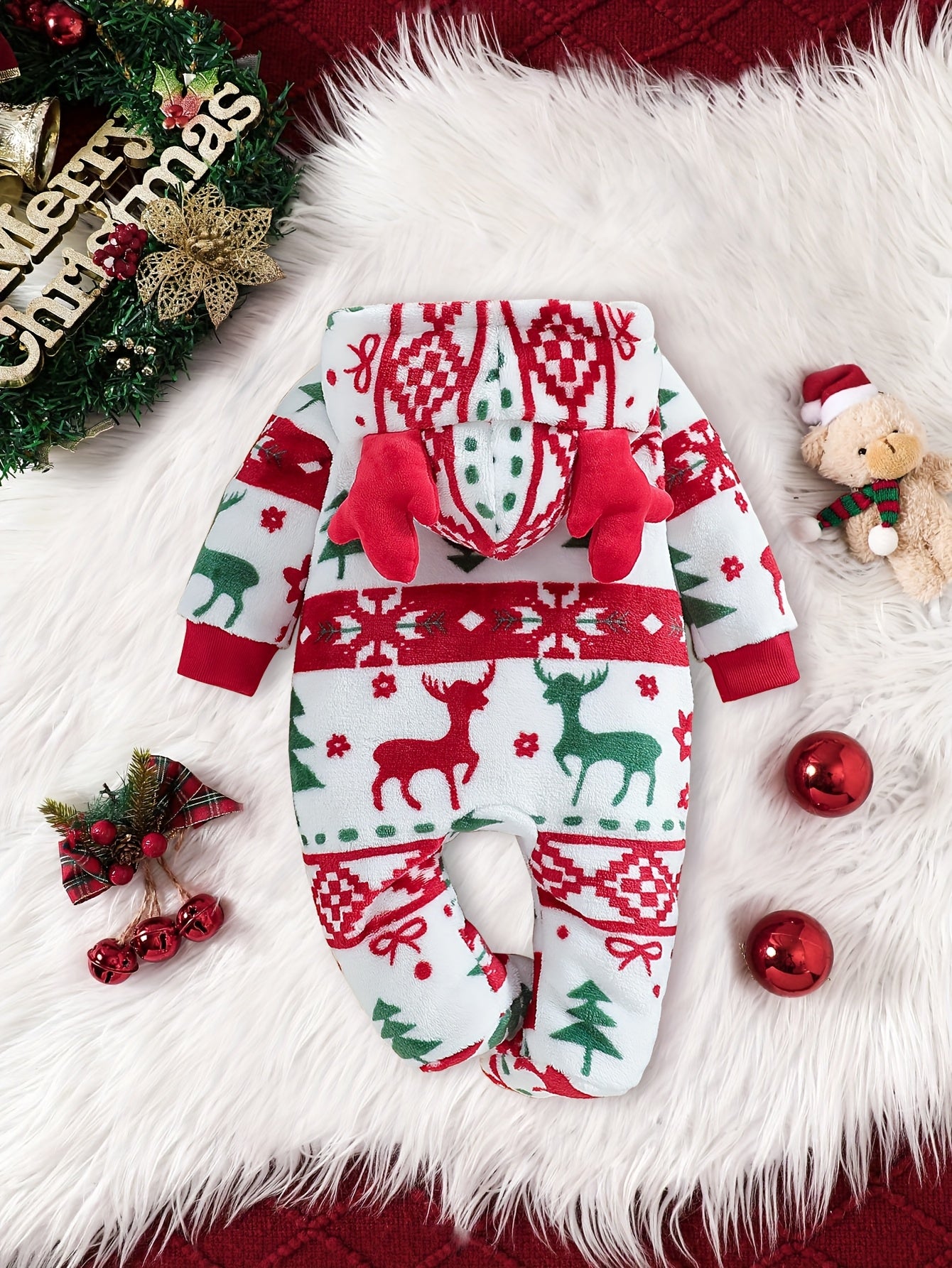 1pc Girls' Winter Warm Hooded Plush Outfit - Soft Long Sleeve Romper with Deer & Tree Pattern, Cozy Fleece Lined Leggings, Red & Green Holiday Design, for Outdoor, Christmas, New Year - Machine Washable, Perfect For Outdoor