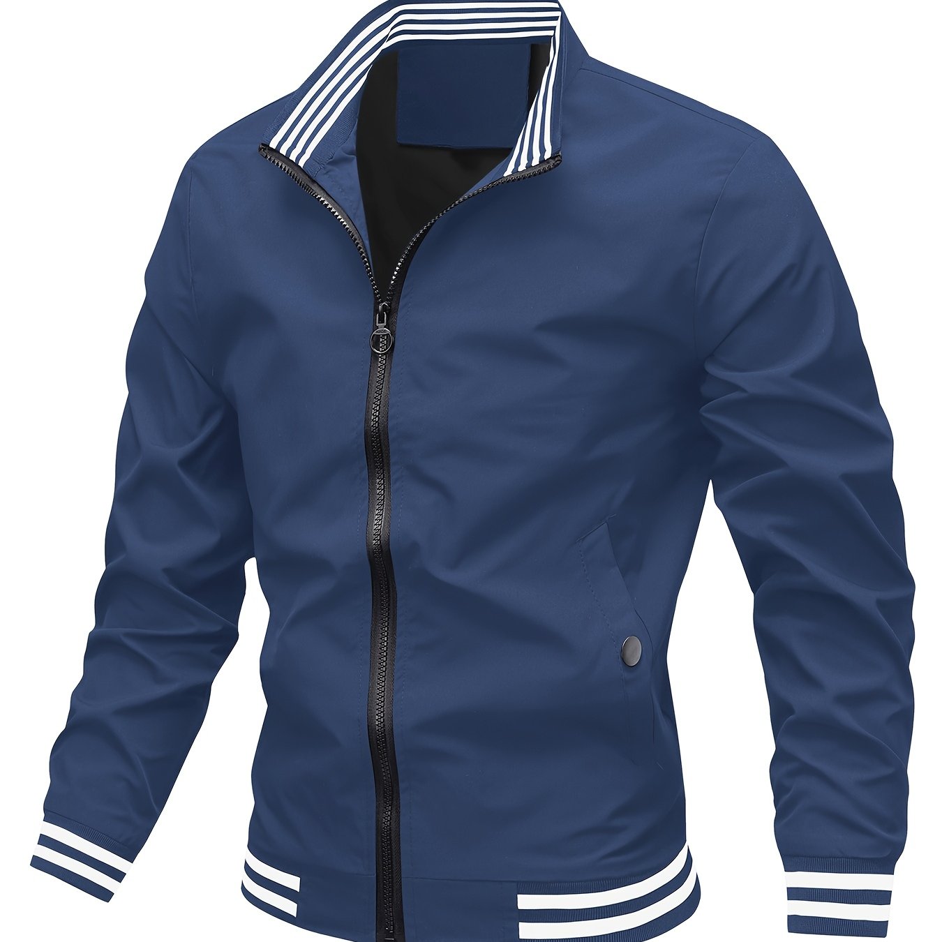Men's Stand Collar Long Sleeve Zip Up Sports Jacket With Contrast Trim Design, Men's Spring Fall Outwear, As Gifts