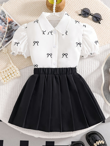 Girls' Preppy 2-Piece Set: White Lapel Shirt & Pleated Black Skirt