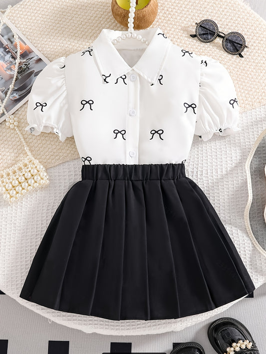 Girls' Preppy 2-Piece Set: White Lapel Shirt & Pleated Black Skirt