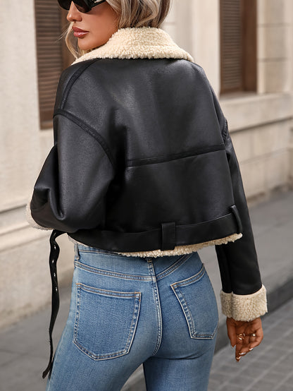 Women's Autumn/Winter Street Retro Belted Zipper Thick Short Faux Lambskin Coat