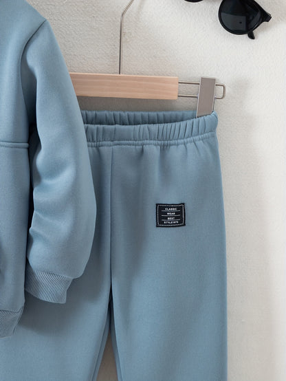 Boys' Cozy Fleece-Lined Hoodie & Sweatpants Set - Olive Green Casual Winter Outfit with Pockets, Thick Warmth for Fall & Winter, Regular Fit, Casual Attire, for Outdoor