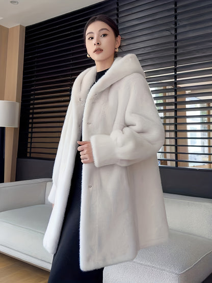Women's Oversized Faux Fur Coat with Plush Collar & Full-Length Fur Trim - Winter Warm A-Line Mid-Length Jacket, Machine Washable Large Size Winter Coat for Women, Elegant Outerwear for Casual & Formal Events (Solid Black, Br