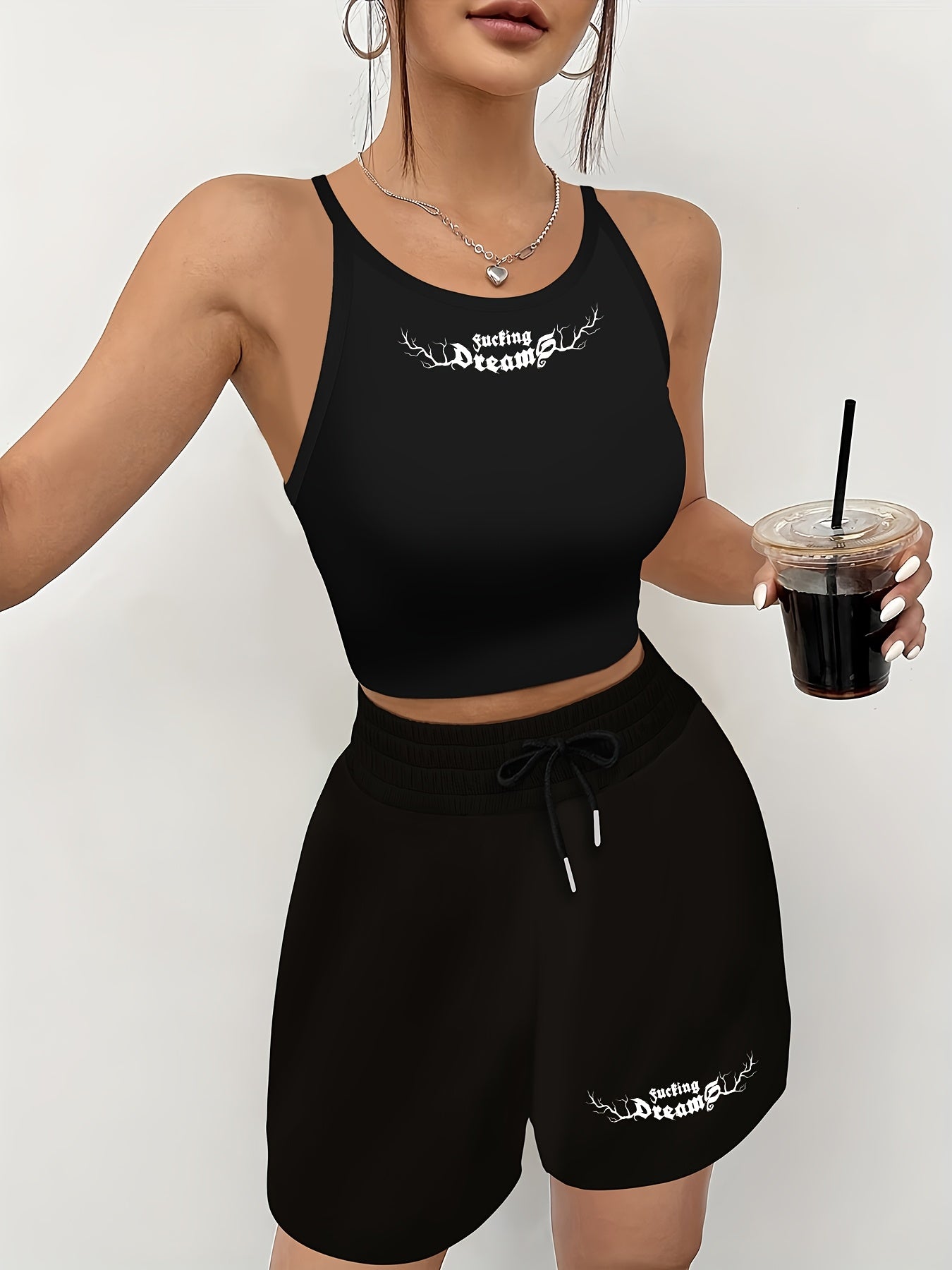 Women's Black Sleeveless Tank Top & Shorts Casual Set