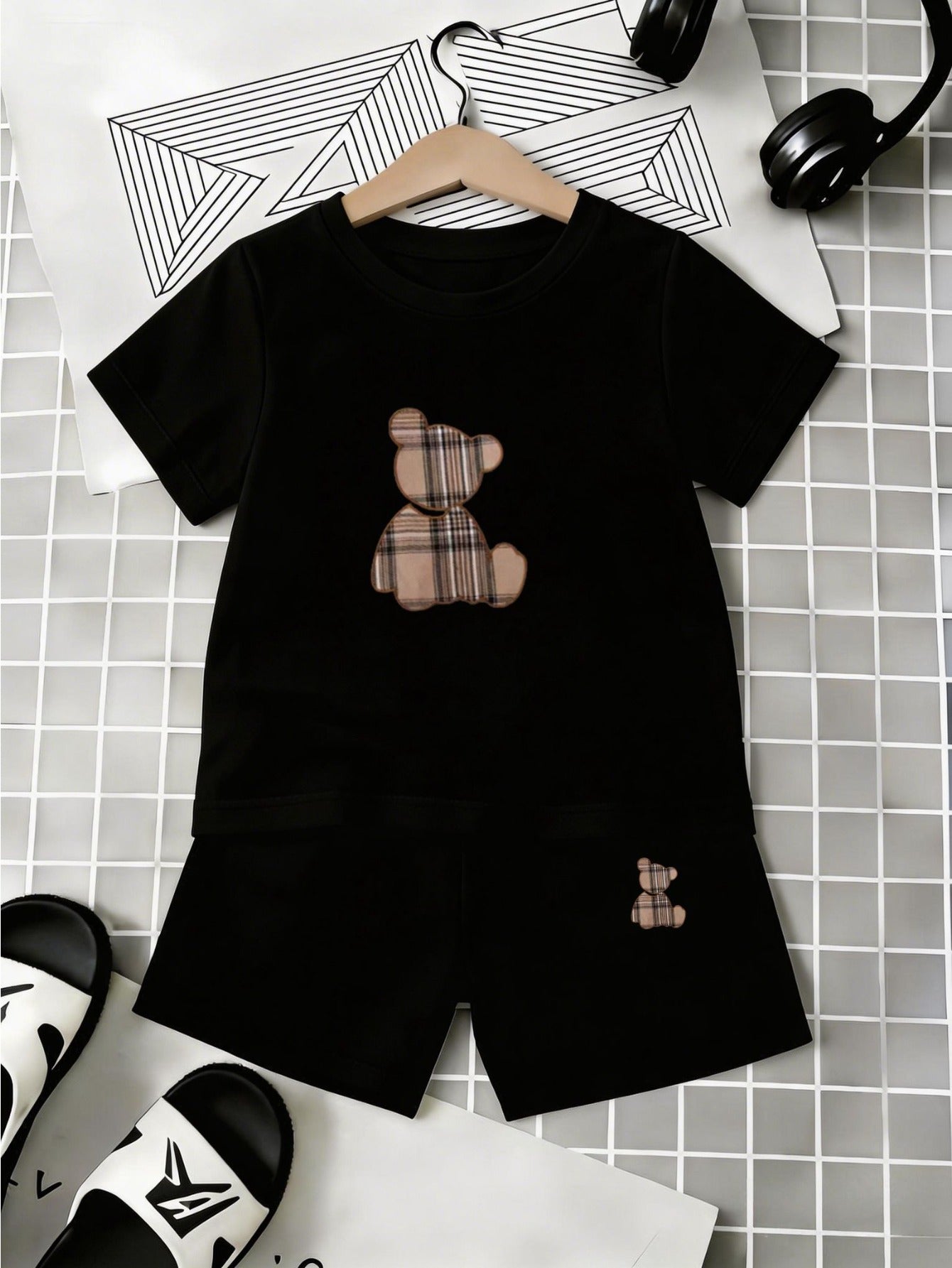 Infant Toddler Summer Shorts Set with Plaid Bear Print Tee