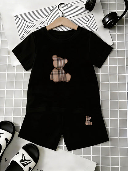 Infant Toddler Summer Shorts Set with Plaid Bear Print Tee